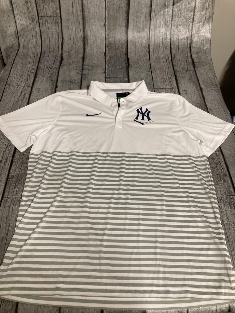 NWT Men's Nike New York Yankees White/Gray Home Plate Striped Polo Shirt XL X-LG